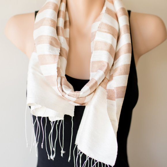 Lilly Pilly Silk Accessories - Silk Scarf in Mocha and Cream Stripe